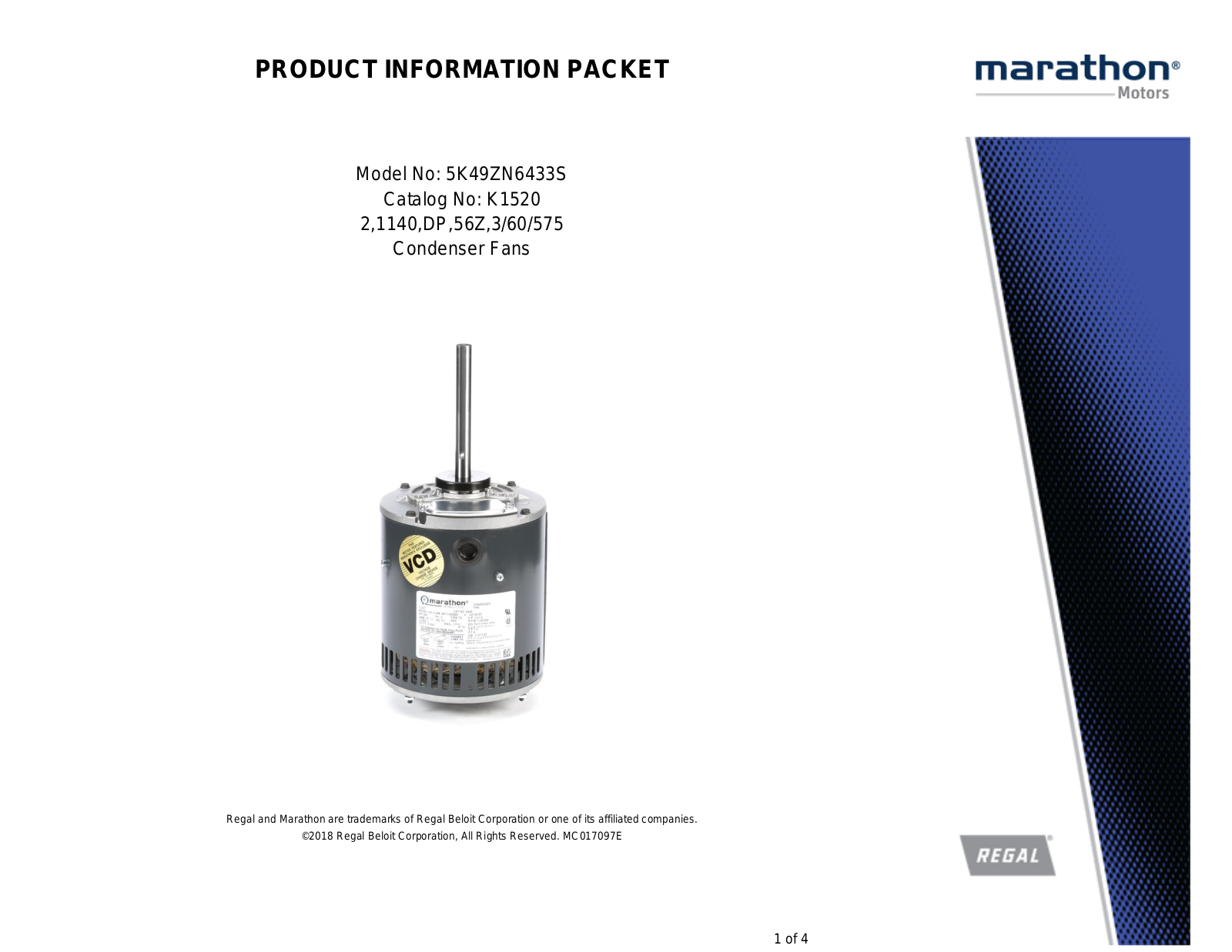 Marathon Electric 5K49ZN6433S Product Information Packet