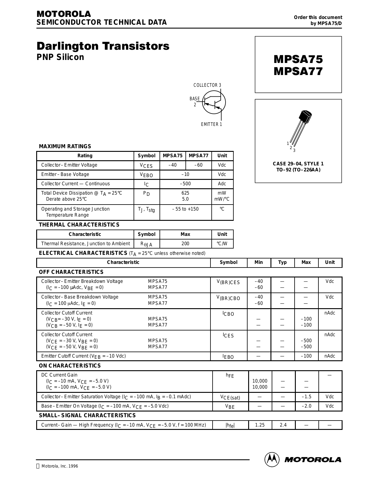 MOTOROLA MPSA77RLRA, MPSA77, MPSA75RLRA, MPSA75RLRP Datasheet