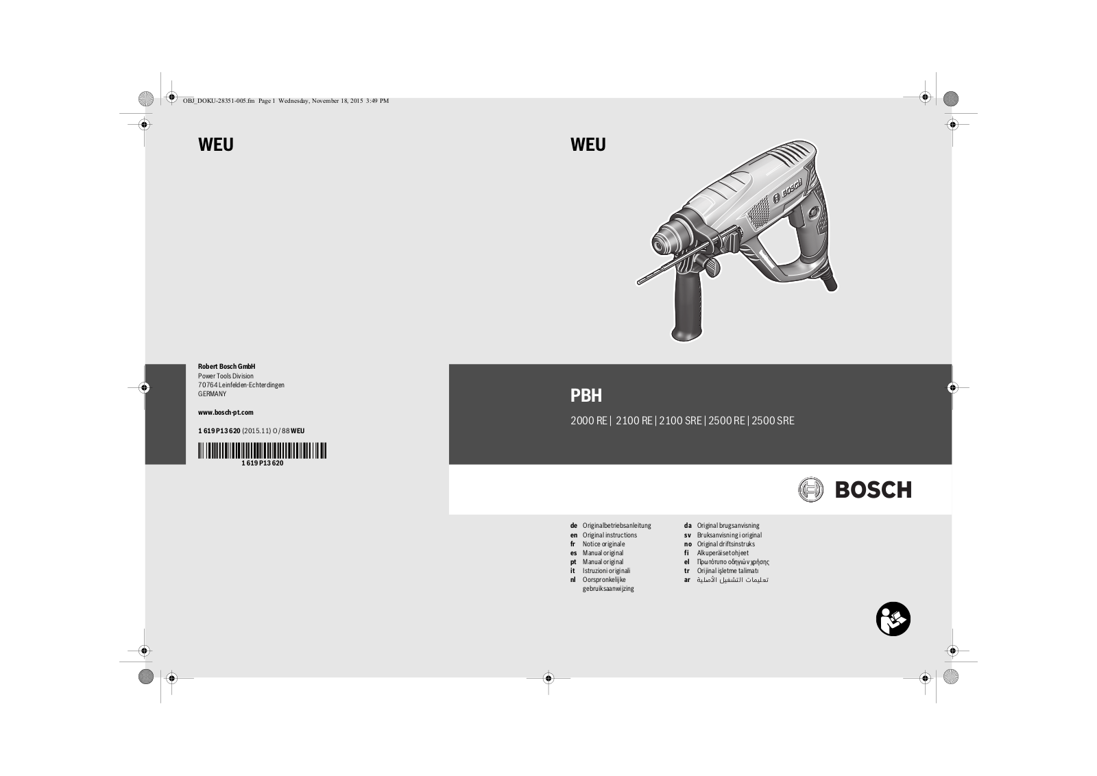 Bosch PBH 2000 RE, PBH 2100 RE, PBH 2100 SRE, PBH 2500 RE, PBH 2500 SRE User Guide