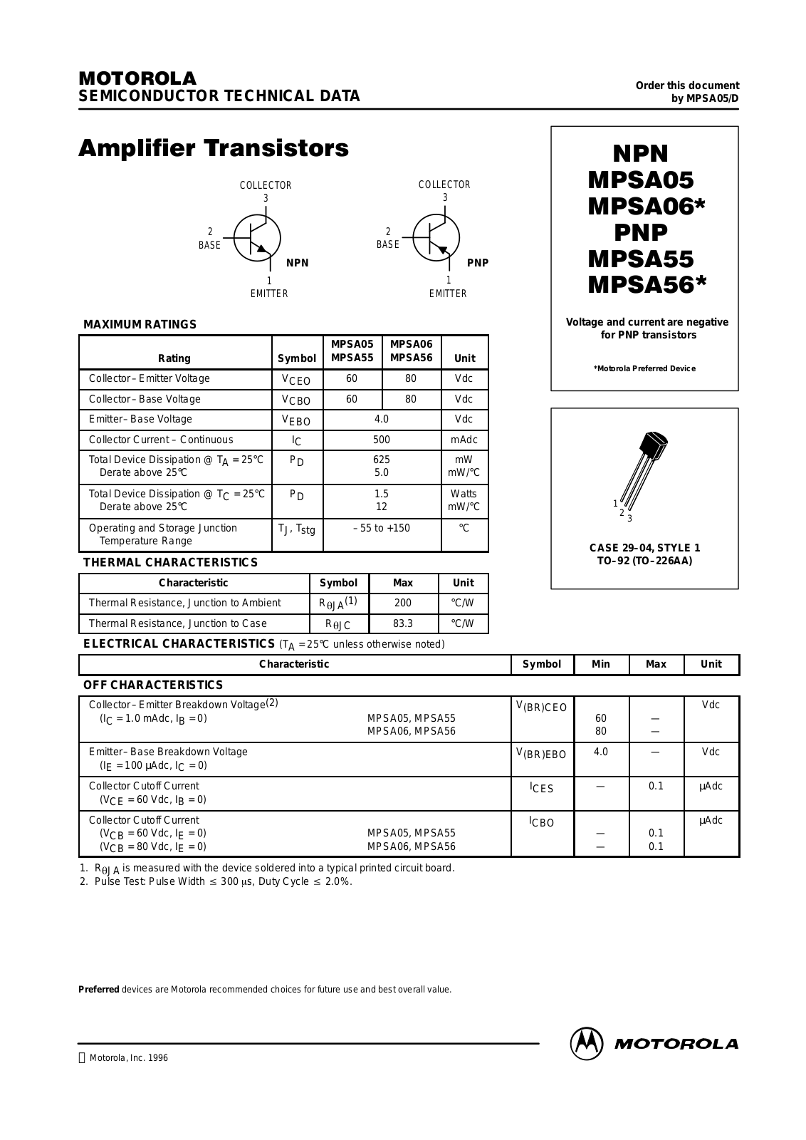 MOTOROLA MPSA55, MPSA55RLRA, MPSA55RLRM, MPSA56ZL1, MPSA56RLRA Datasheet