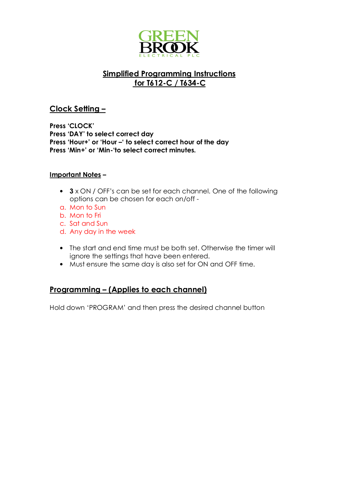 GreenBrook T612-C, T634-C Simplified Programming Instructions