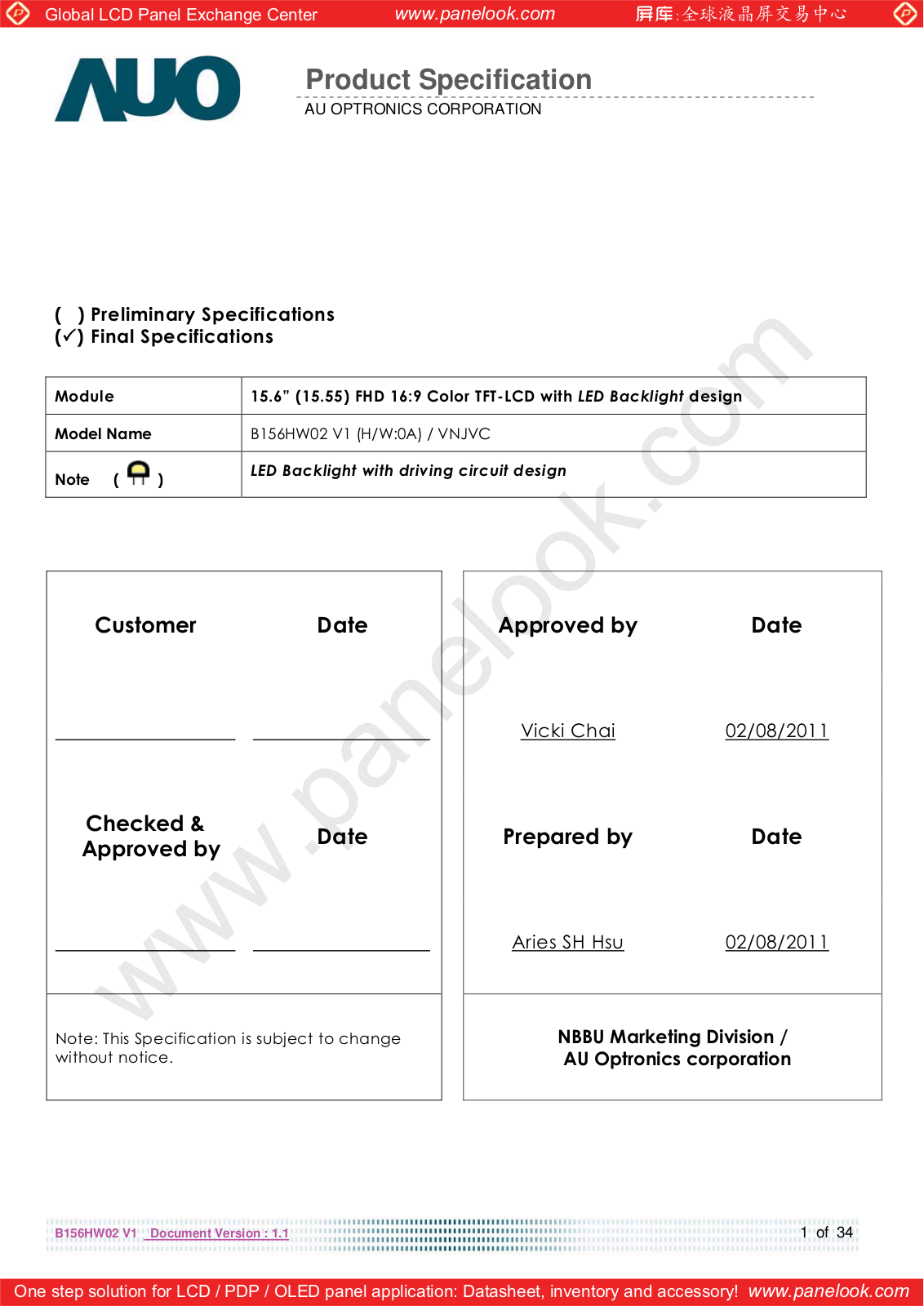 AUO B156HW02 V1 Specification