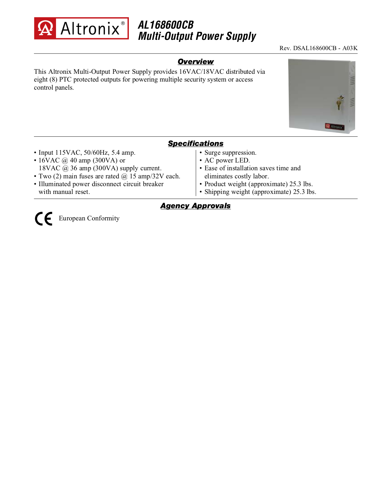 Altronix AL168600CB Specsheet