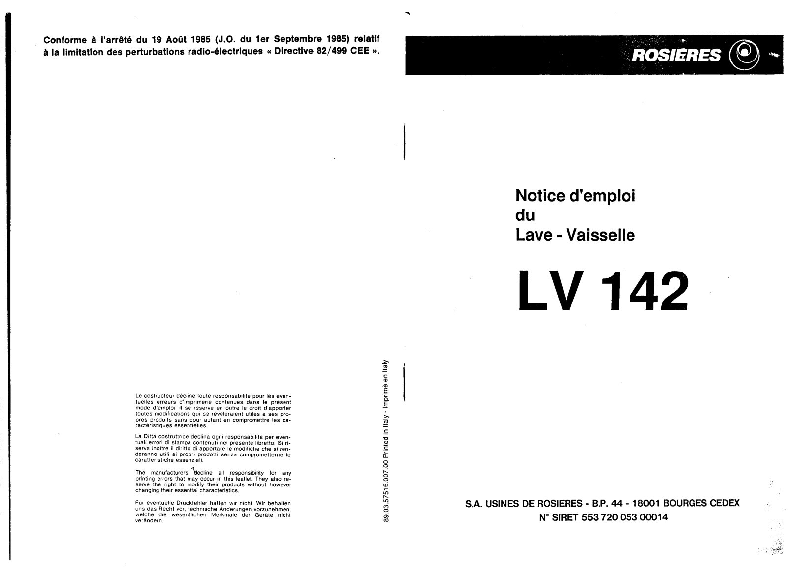 Rosieres LV 142 User Manual