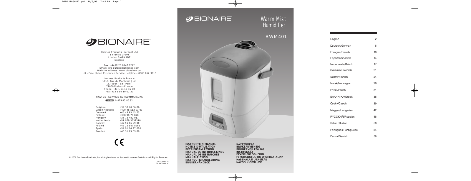 BIONAIRE BWM401 User Manual