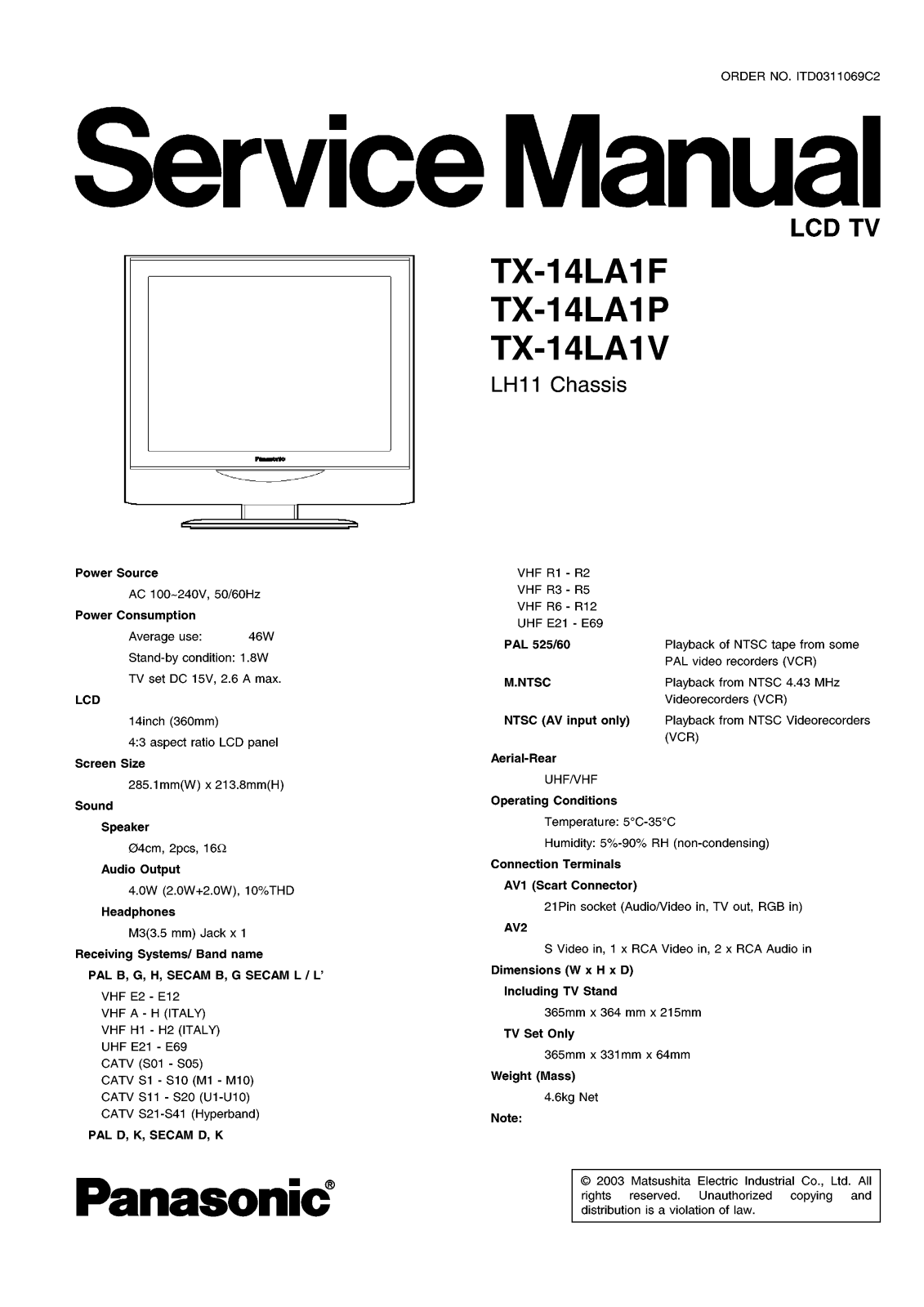 Panasonic TX-14LA1F, TX-14LA1P, TX-14LA1V Service manual
