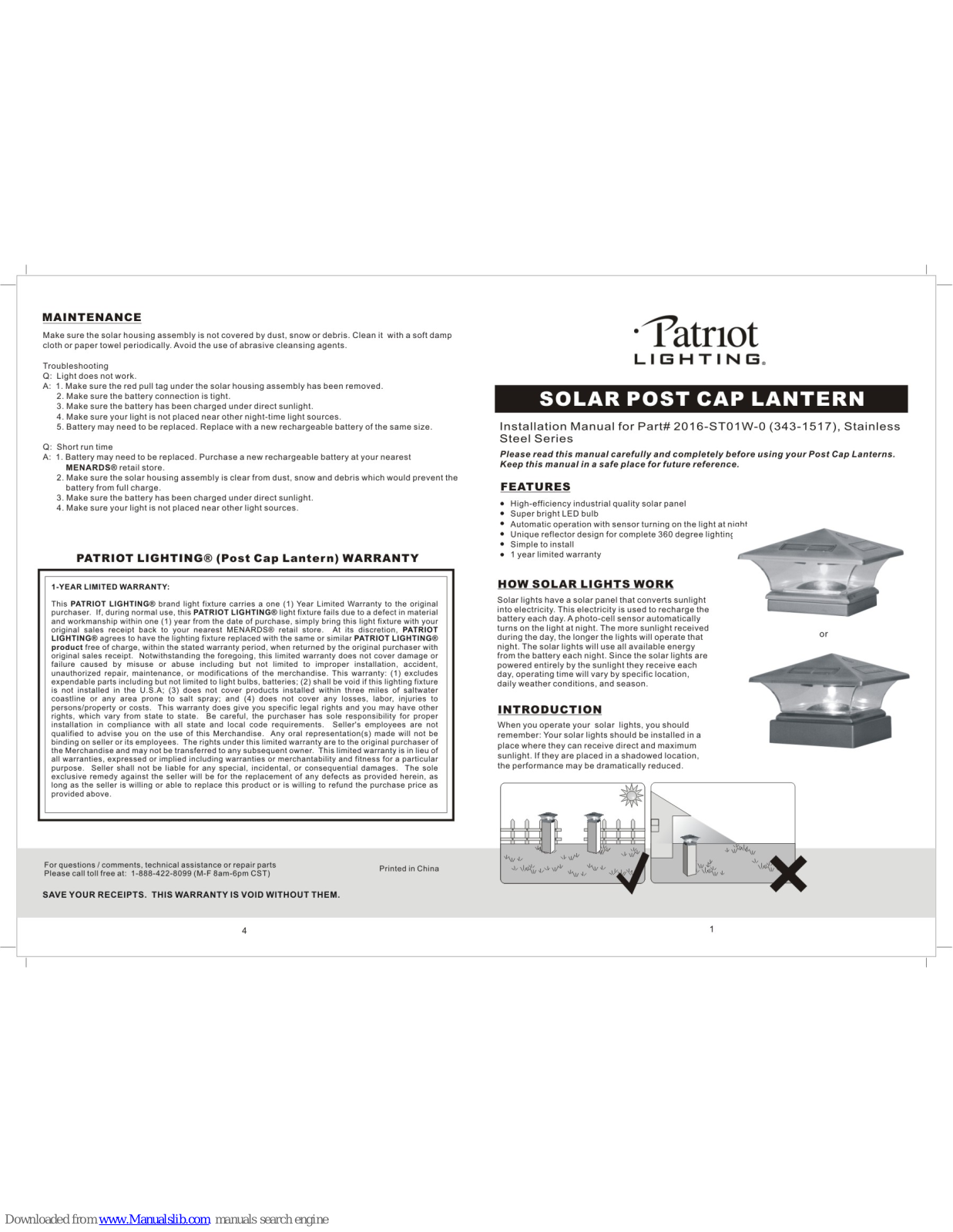 Patriot Lighting 2016-ST01W-0 Installation Manual