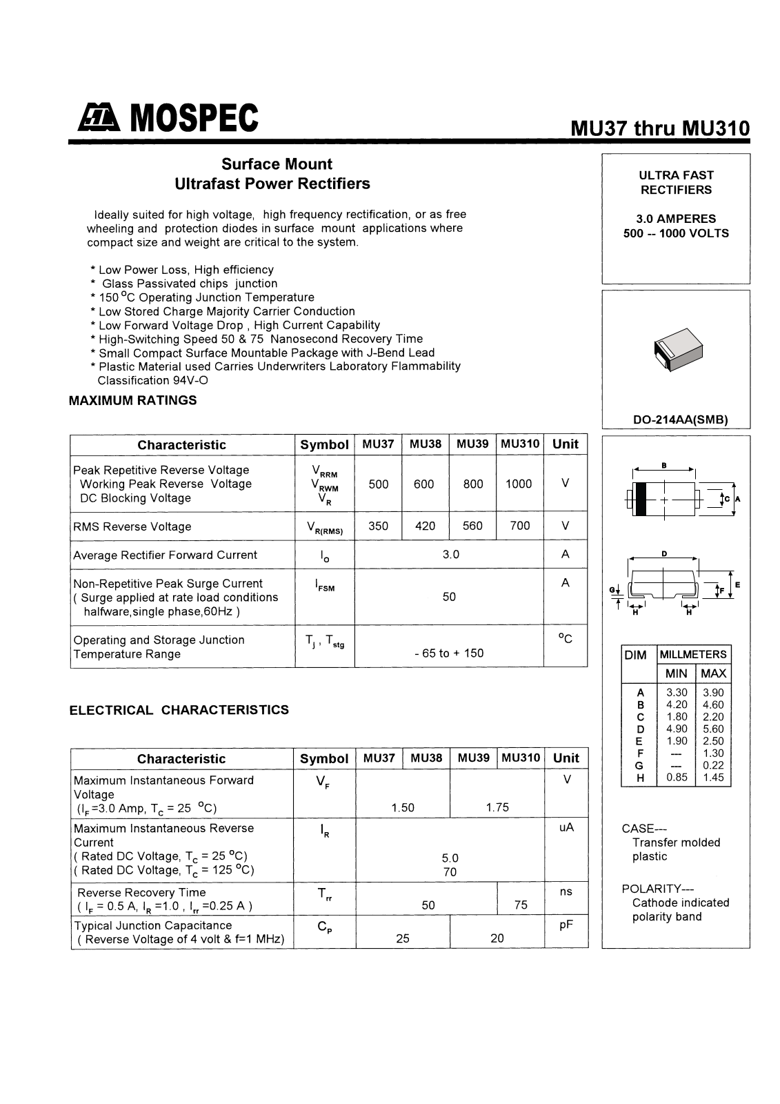 MOSPEC MU39, MU38, MU310, MU37 Datasheet