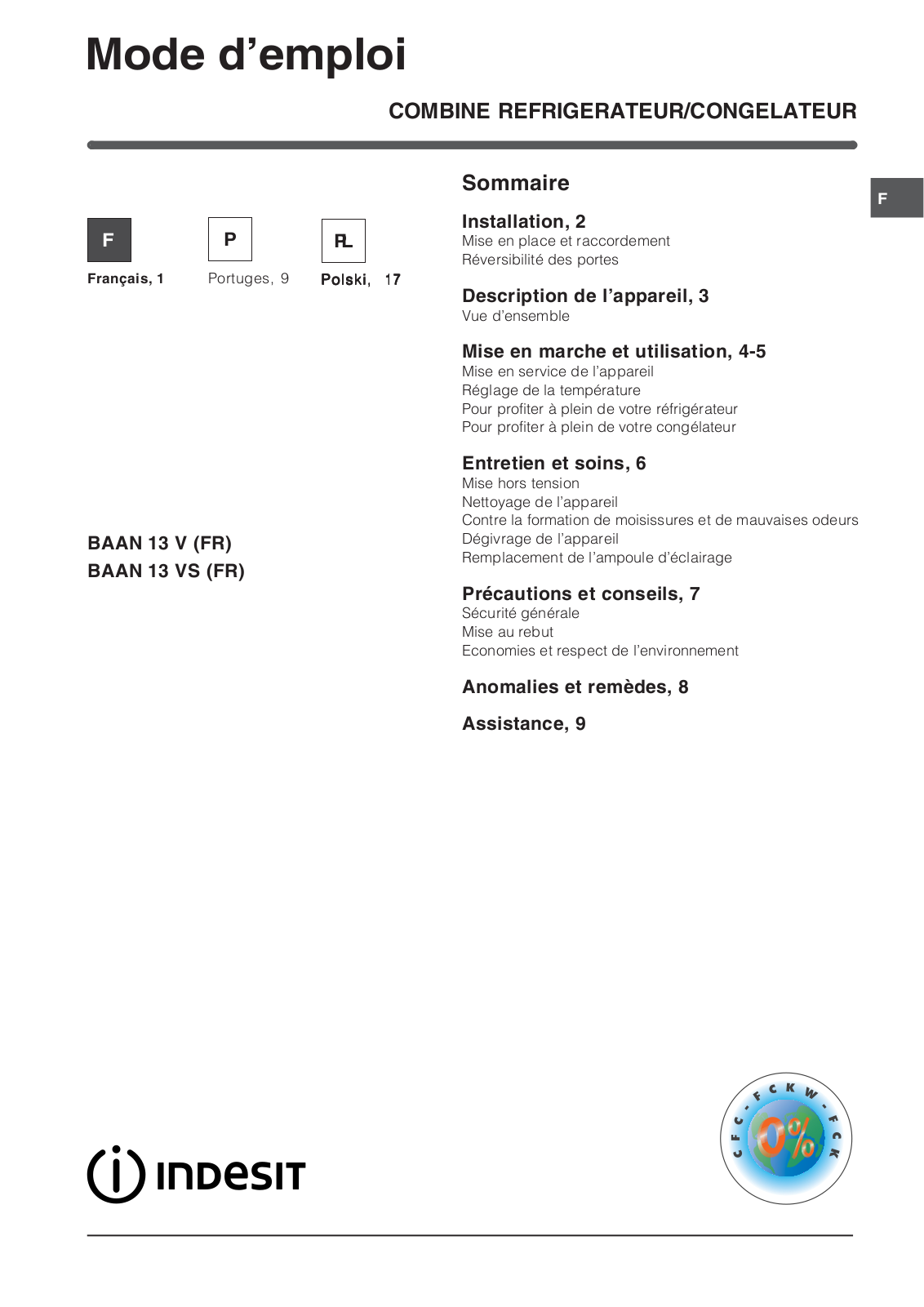 INDESIT BAAN13V User Manual