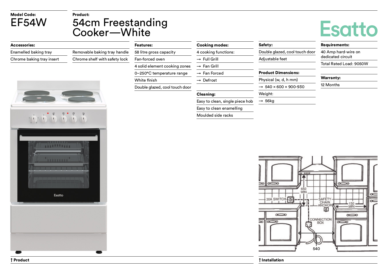 Esatto EF54W Specifications Sheet