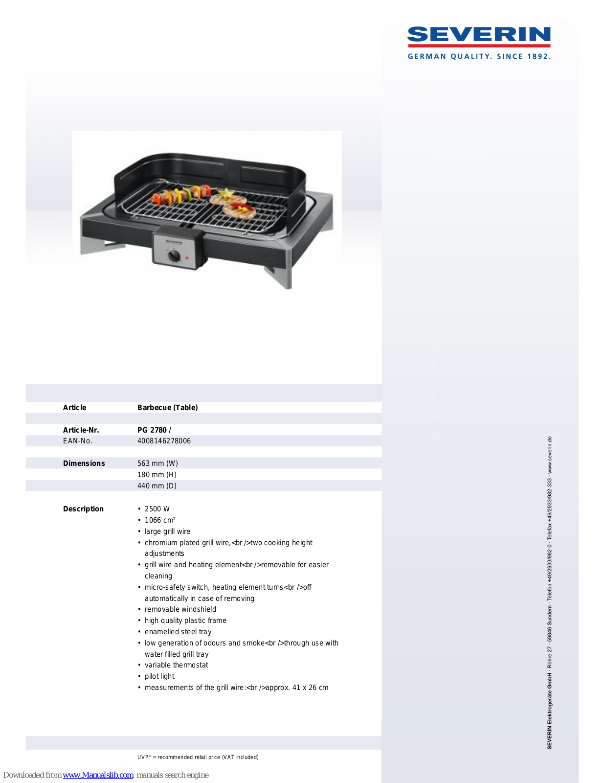 SEVERIN PG 2780,PG 2780 Datasheet