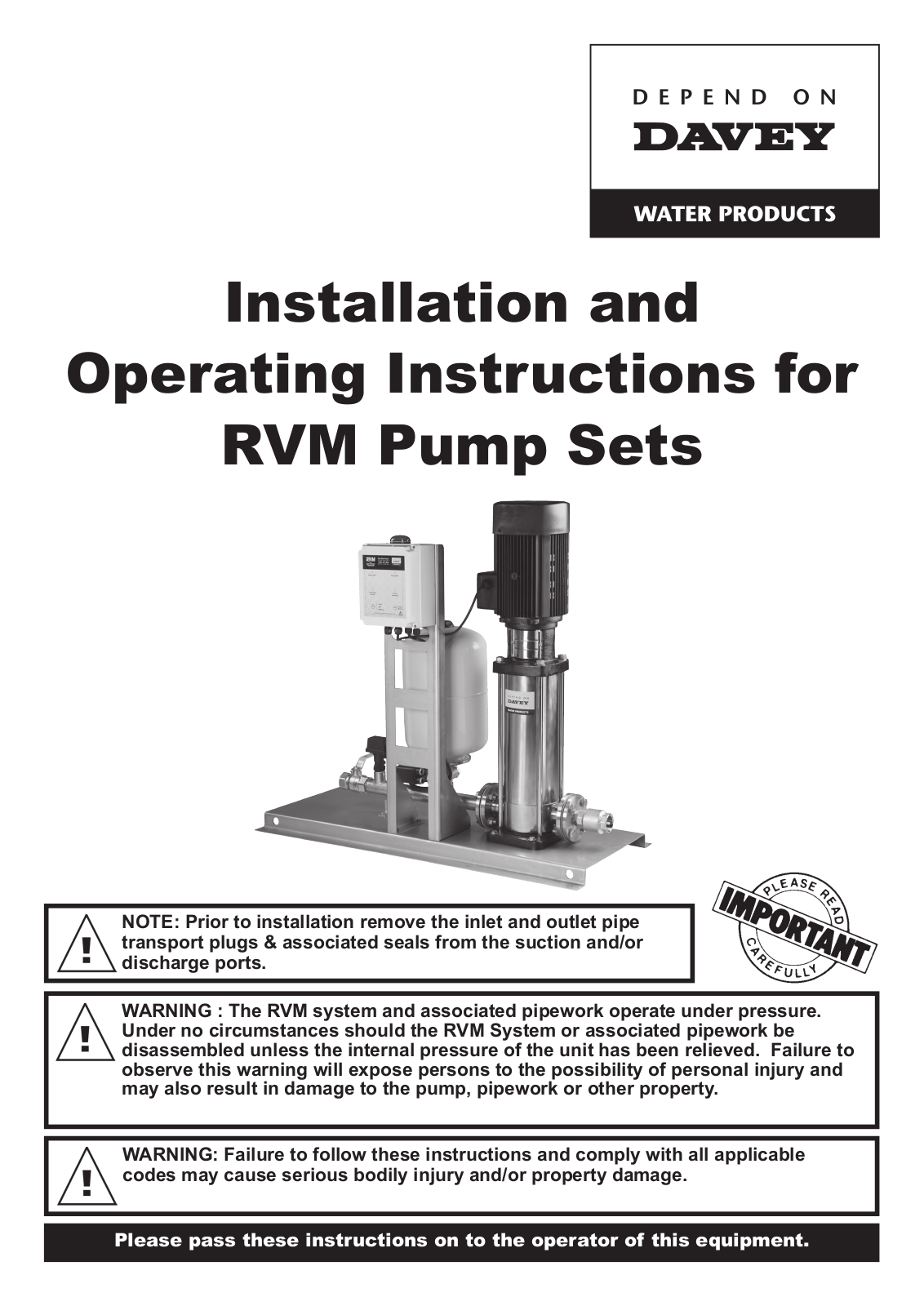 Davey RVM3-23, RVM3-19, RVM5-7, RVM5-5, RVM5-8 Operating Instructions Manual