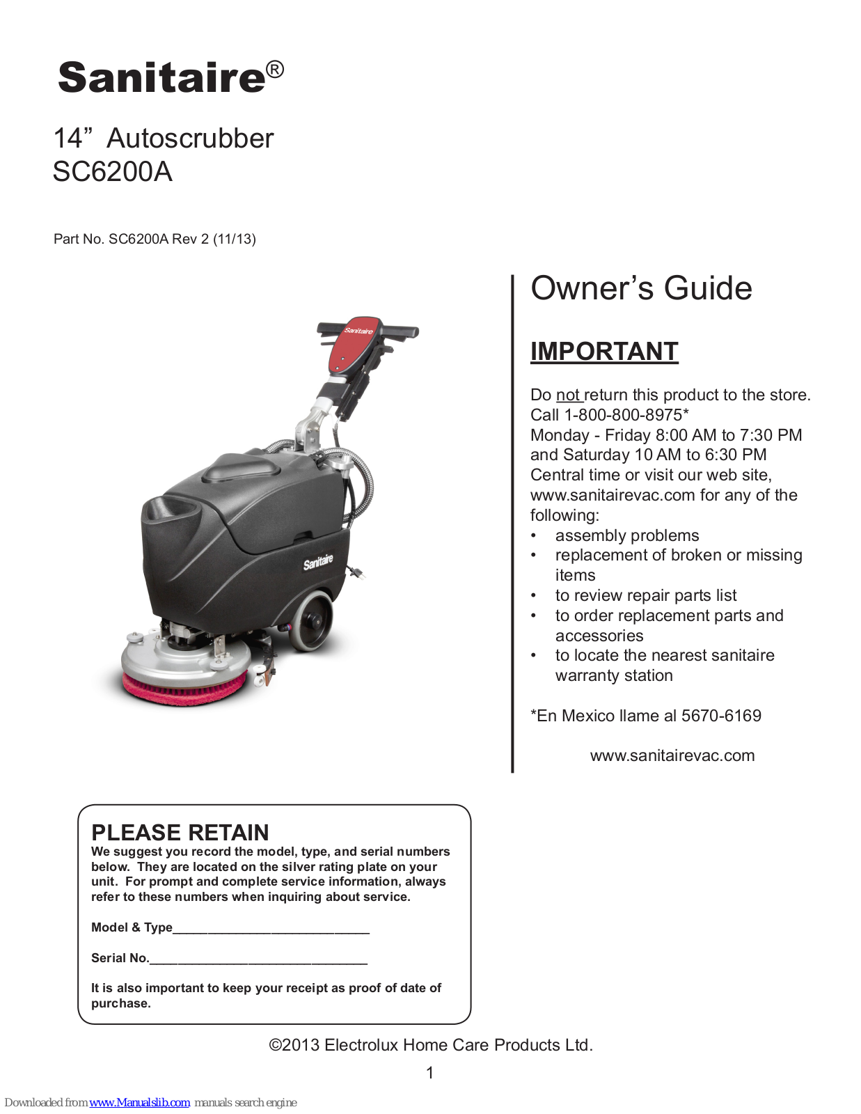 Sanitaire SC6200A Owner's Manual