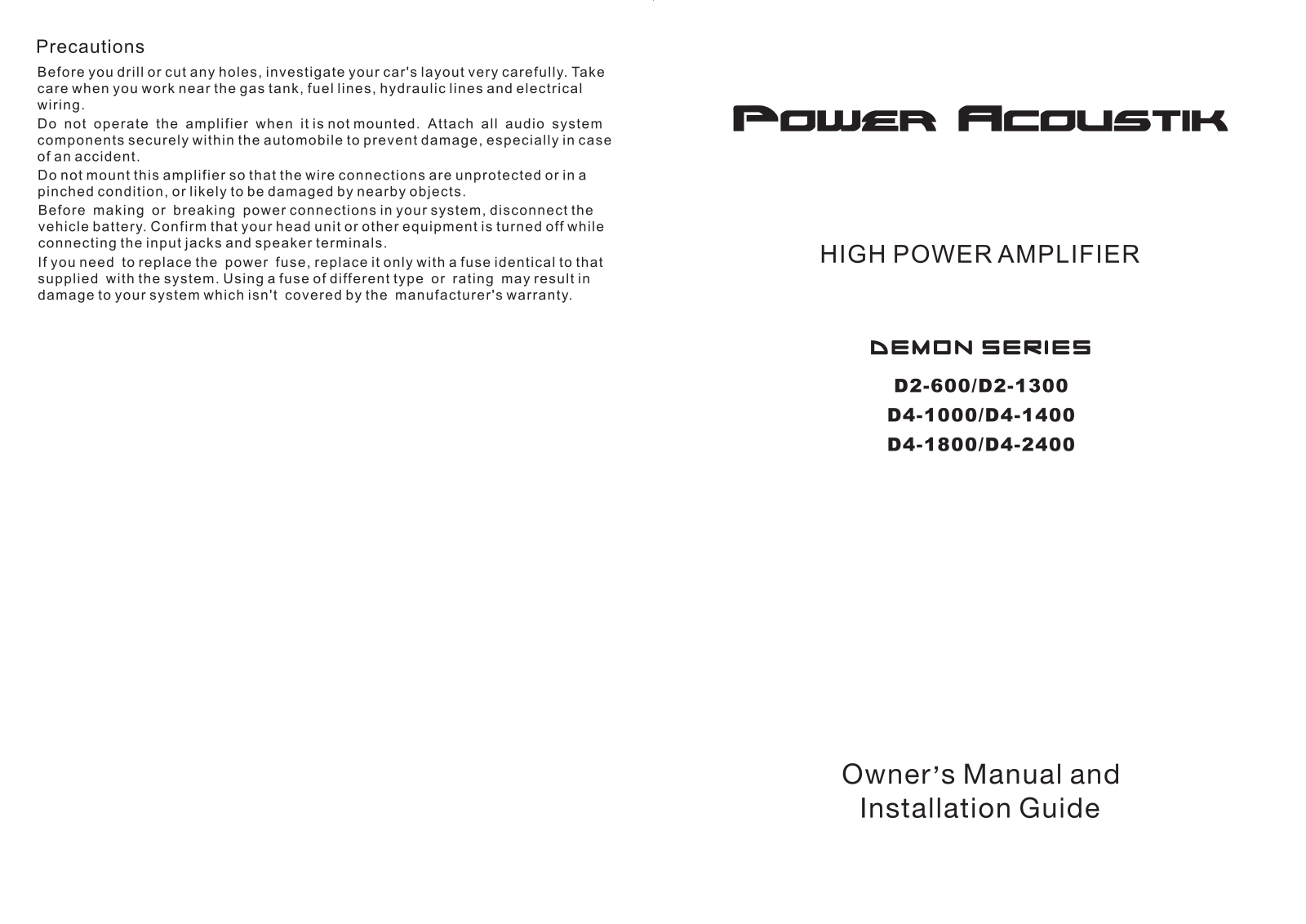 Power Acoustik D4-1000, D2-600, D4-1400, D4-1800, D4-2400 User Manual