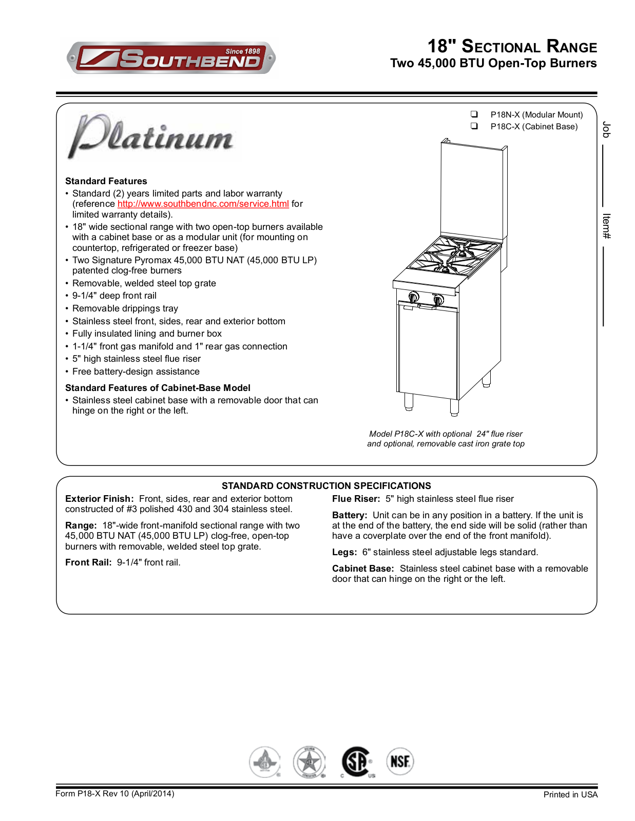 Southbend P18CX Product Sheet