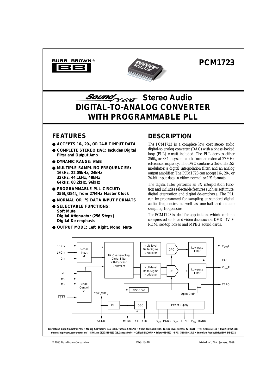 Burr Brown PCM1723E, PCM1723E-2K Datasheet