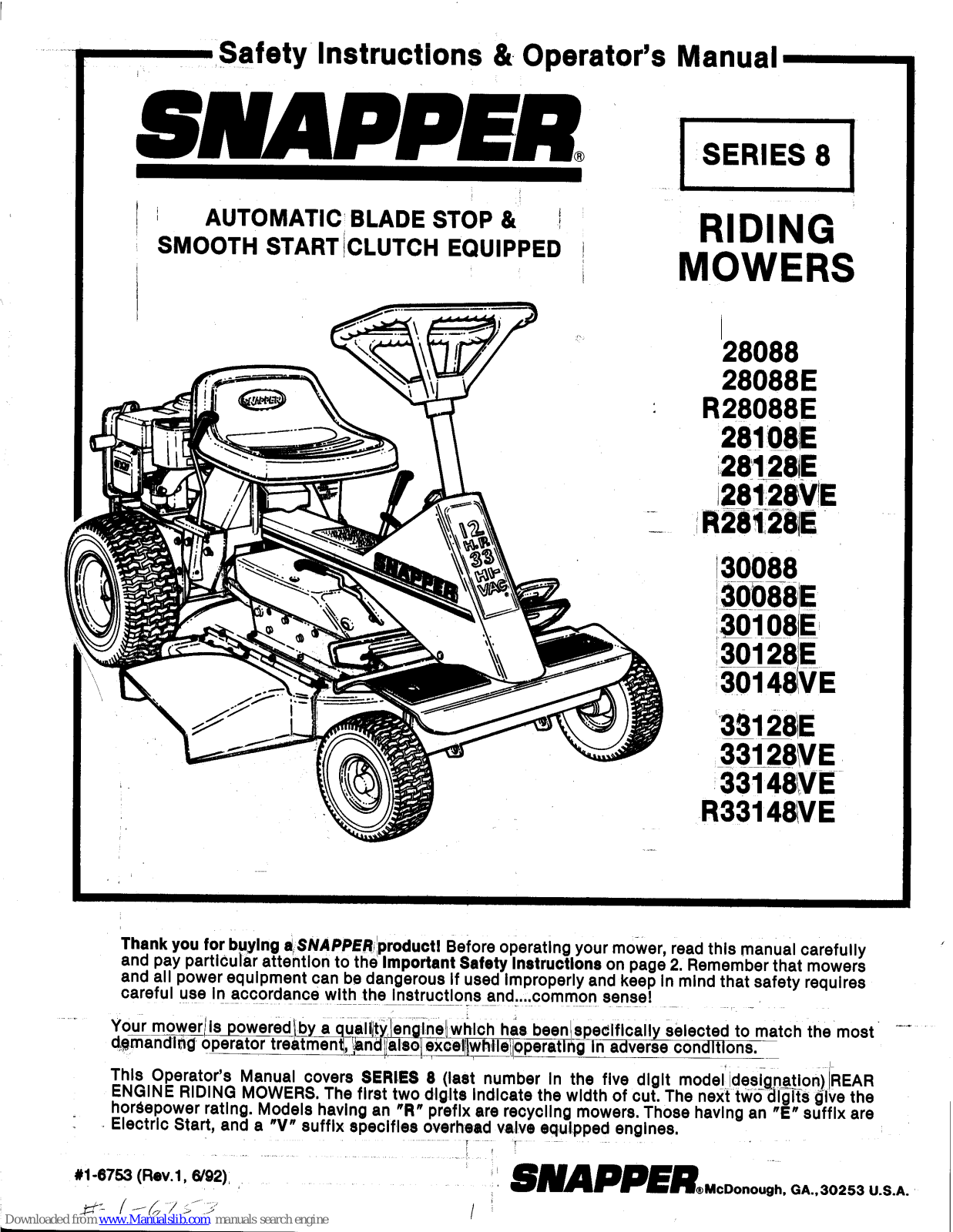 Snapper 28088E, 28108E, 28128E, 28128VE, 30088 Safety Instructions & Operator's Manual