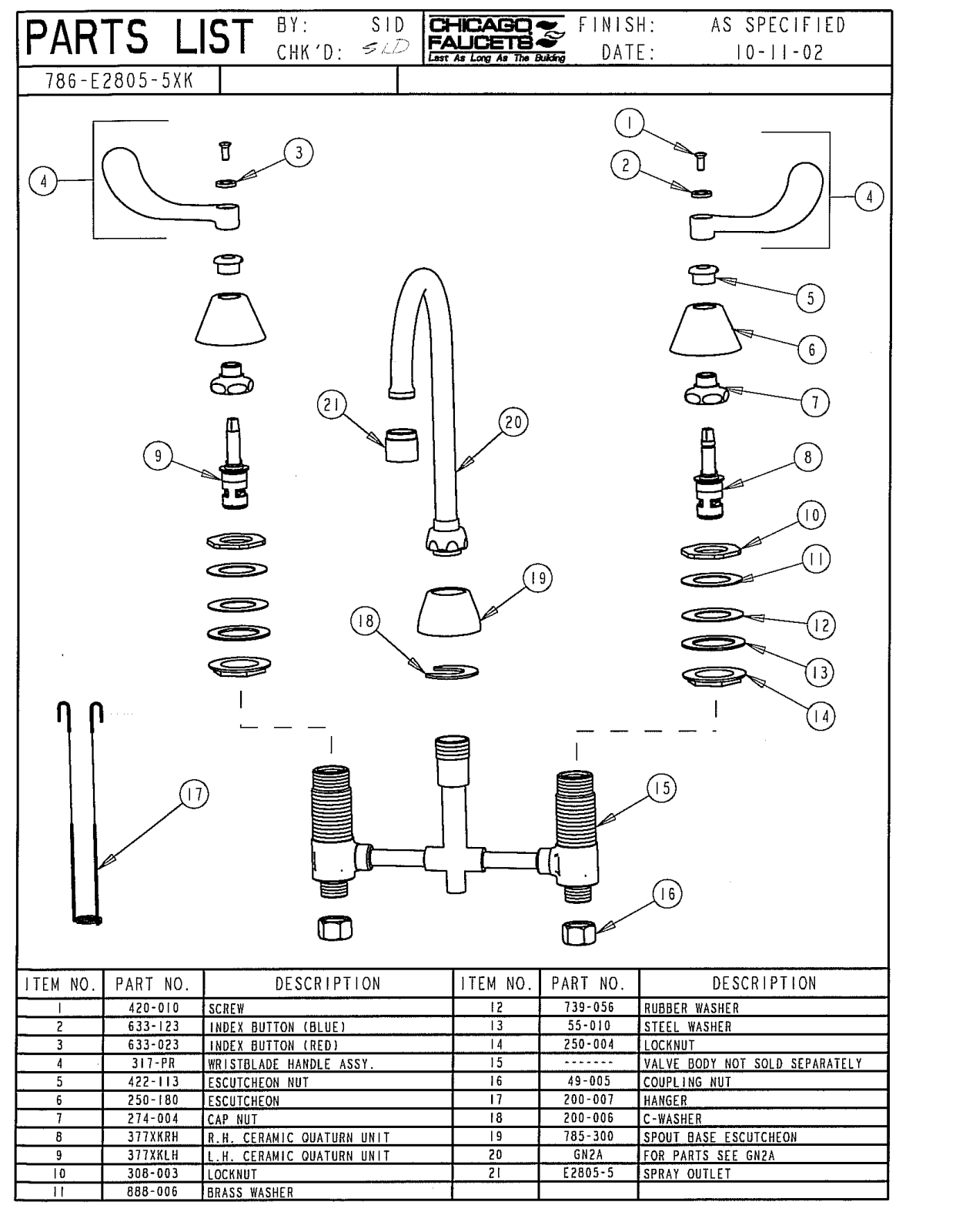 Chicago Faucet 786-E2805-5XKCP Parts List