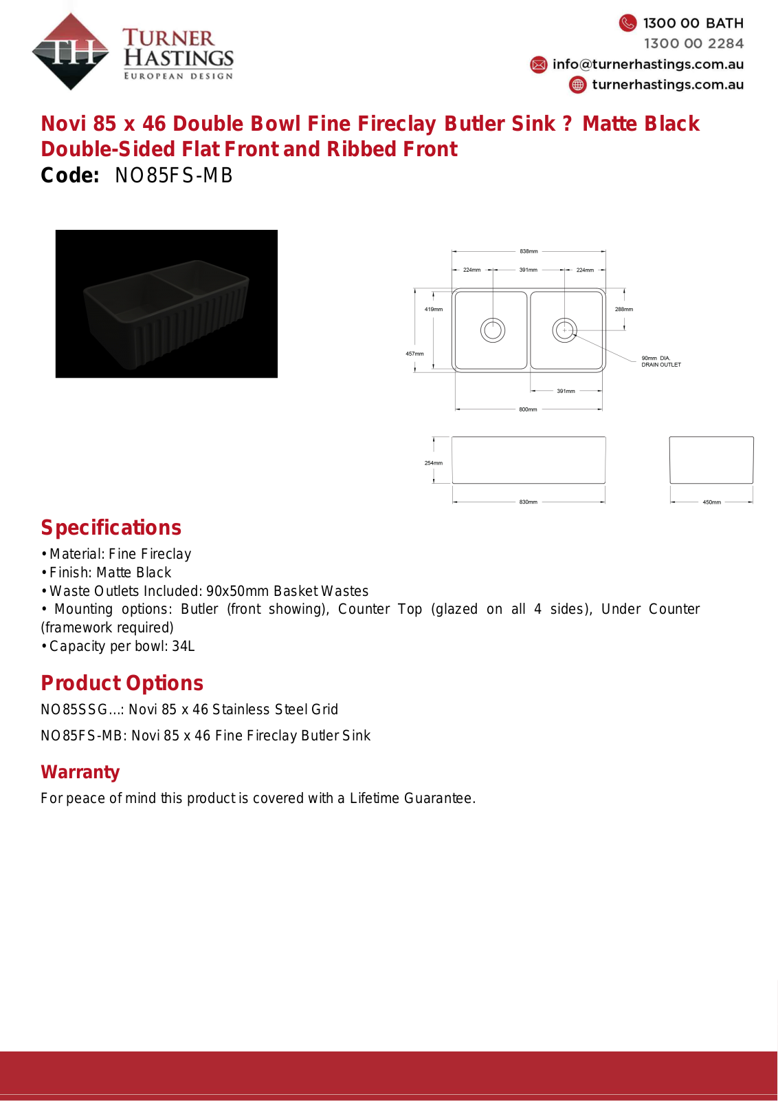 Turner Hastings NO85FS-MB Specifications Sheet