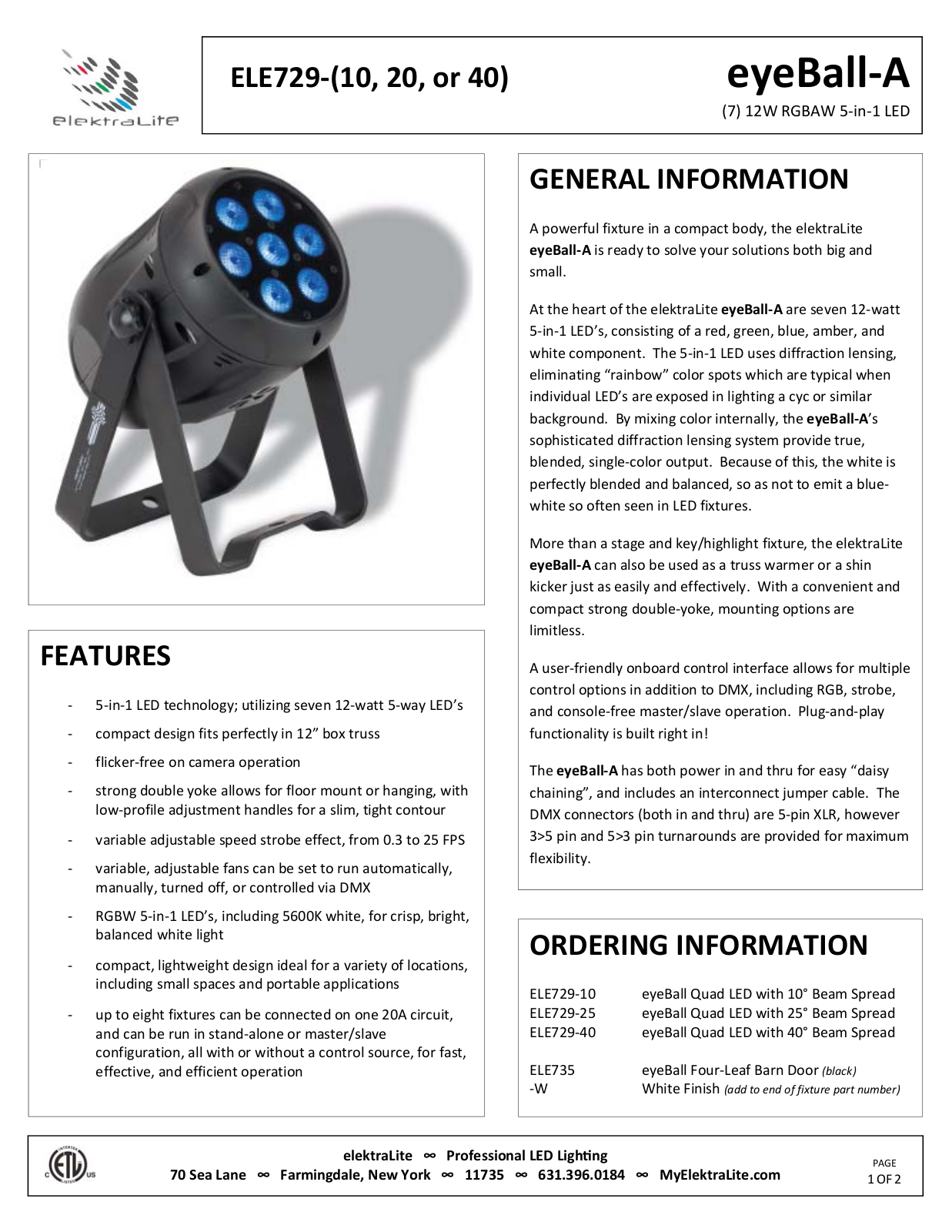 elektraLite ELE729-10 Data Sheet