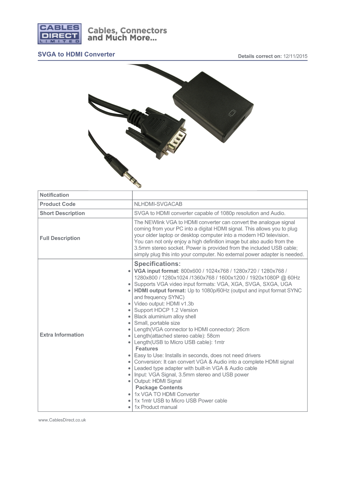 Cables Direct NLHDMI-SVGACAB Datasheet