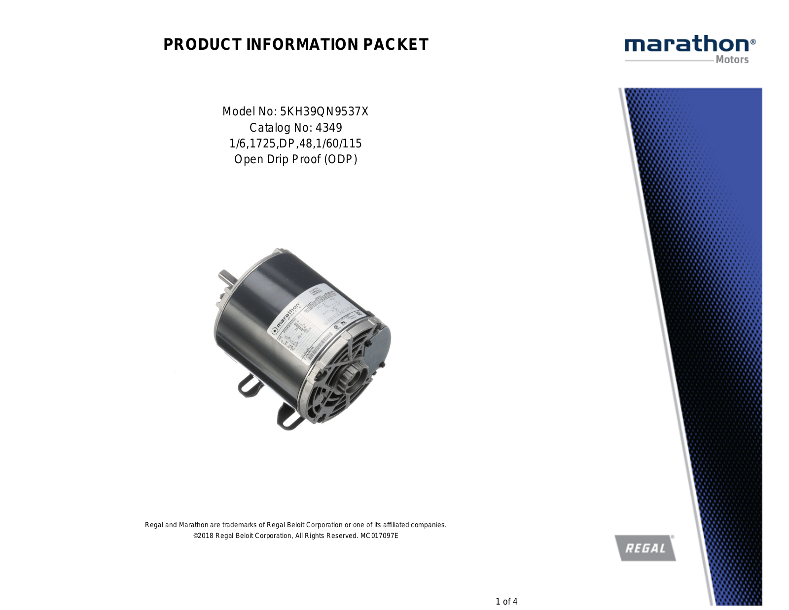 Marathon Electric 5KH39QN9537X Product Information Packet