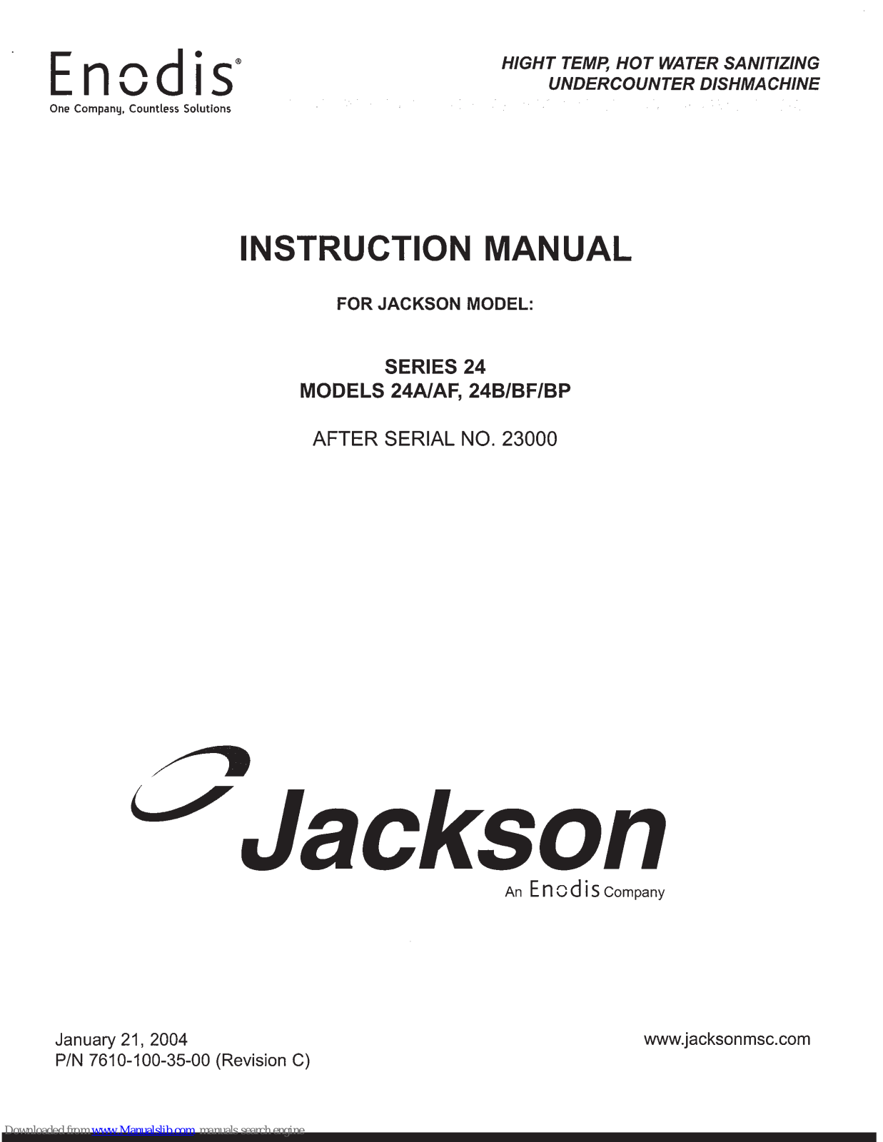 Enodis Jackson 24A, Jackson 24AF, Jackson 24B, Jackson 24BP, Jackson 24BF Instruction Manual