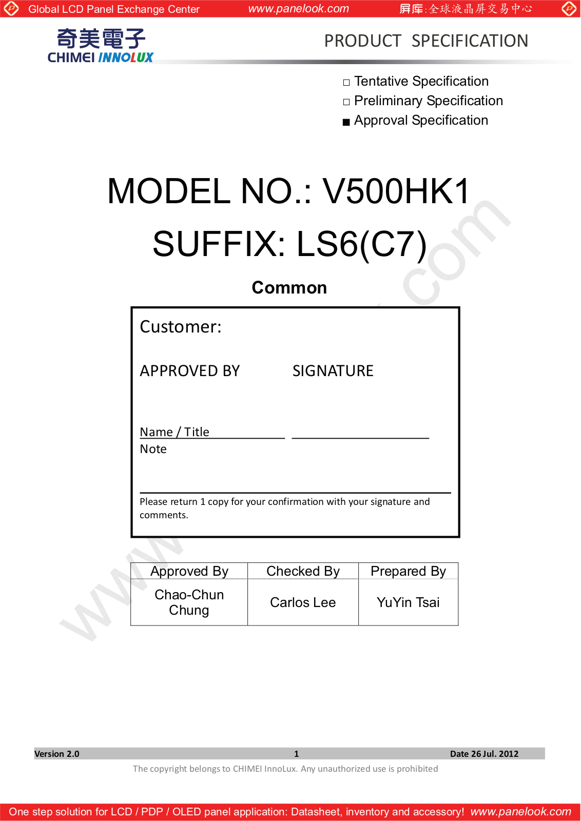 CHIMEI INNOLUX V500HK1-LS6 Specification