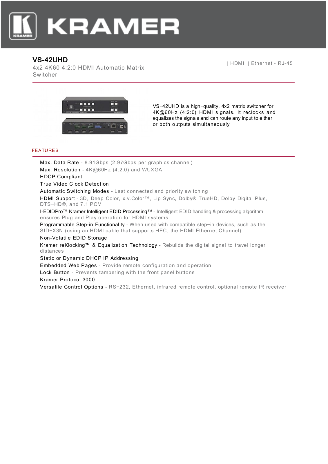 Kramer VS-42UHD Datasheet