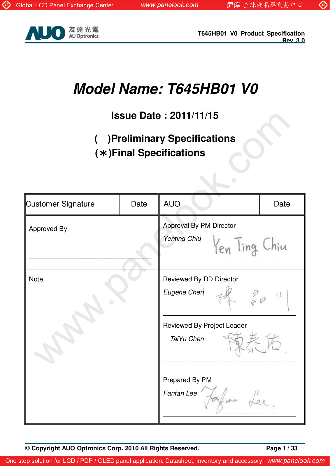 AUO T645HB01 V0 Specification - ManualMachine.com
