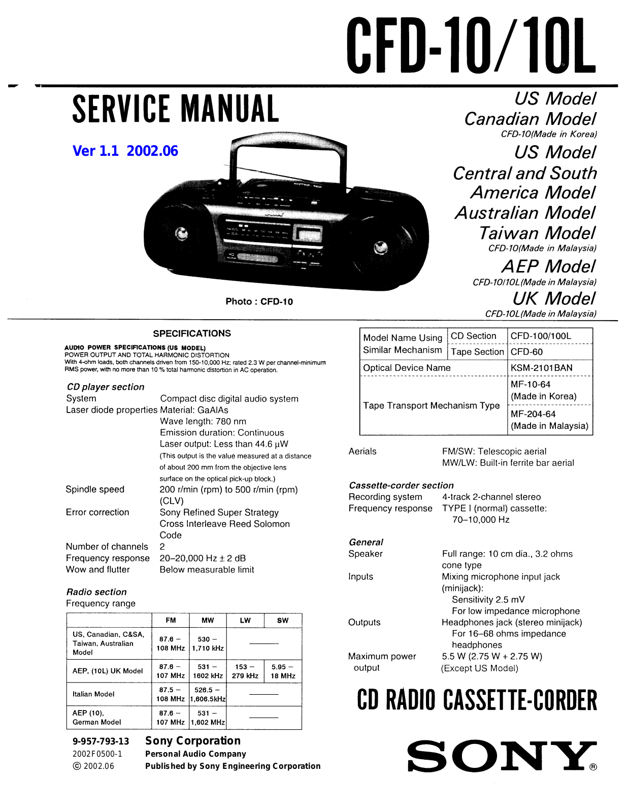 Sony CFD-10-L, CFD-10 Service manual