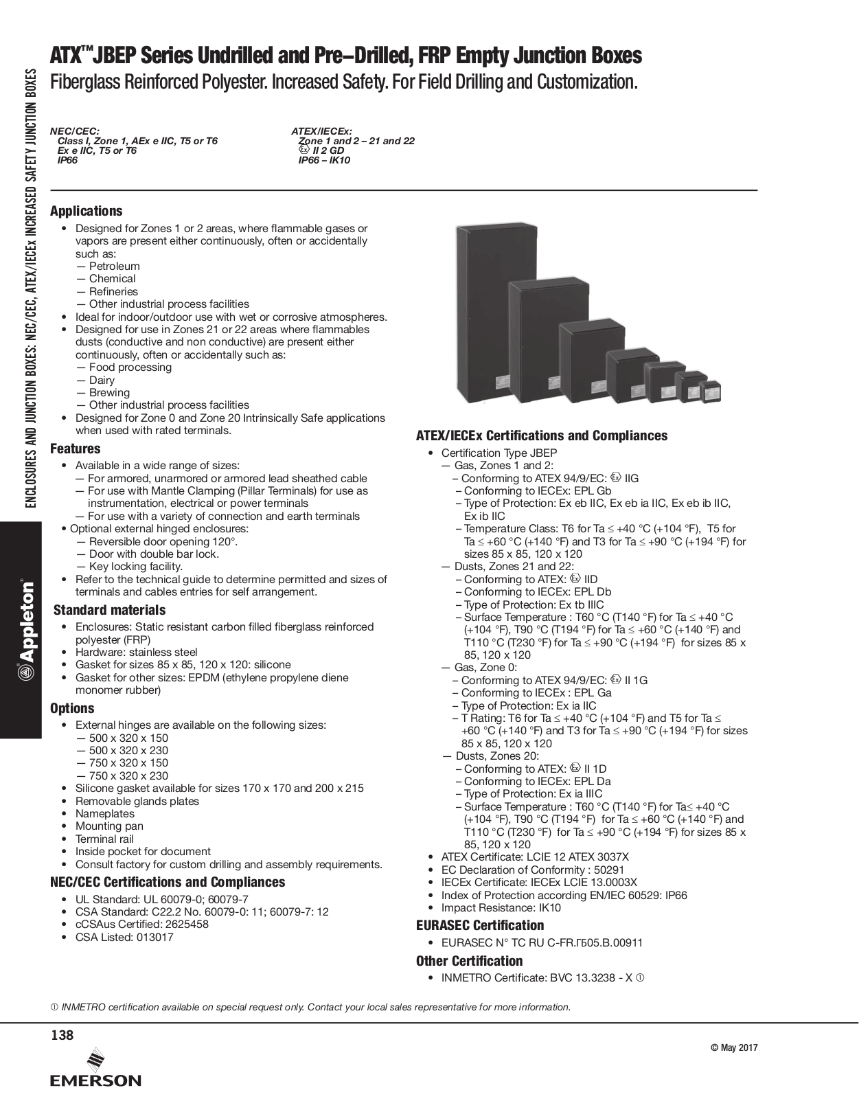 Appleton ATX™JBEP Series Undrilled and Pre-Drilled FRP Empty Junction Boxes Catalog Page