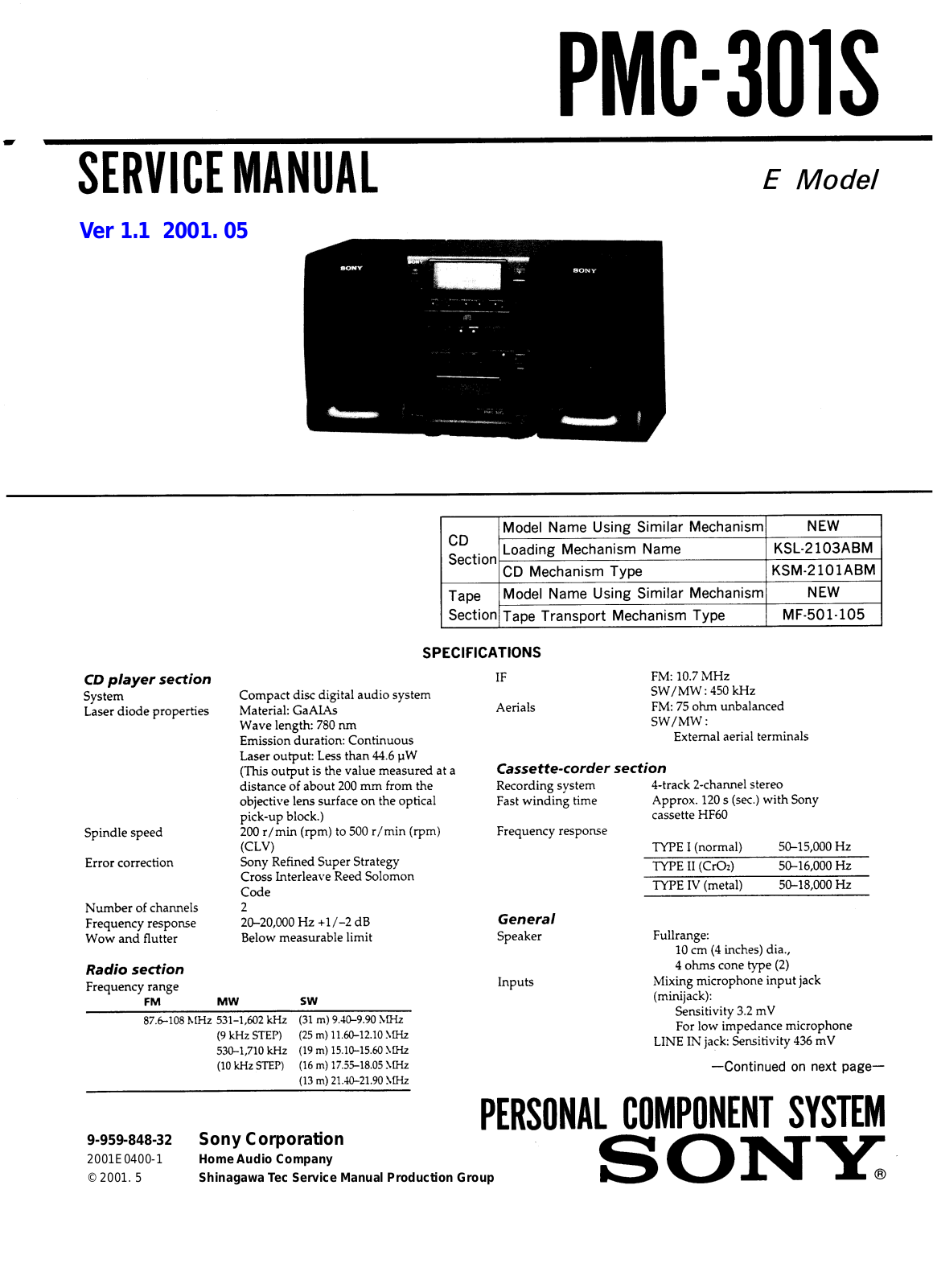 Sony PMC-301-S Service manual