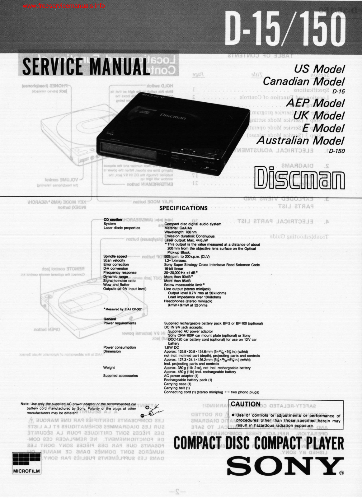 Sony d-15, d-150 Service Manual