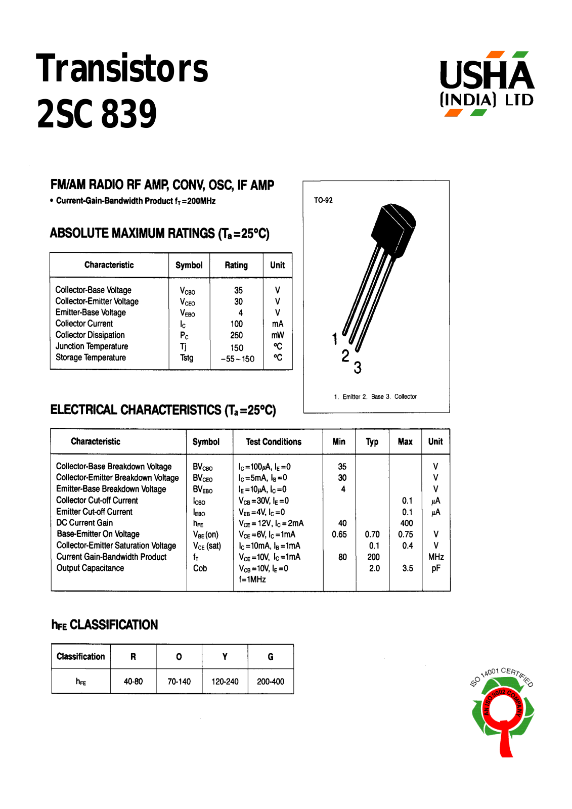 USHA 2SC839 Datasheet