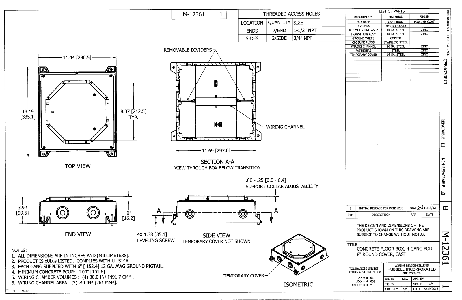 Hubbell CFB4G30RCI Dimensional Sheet