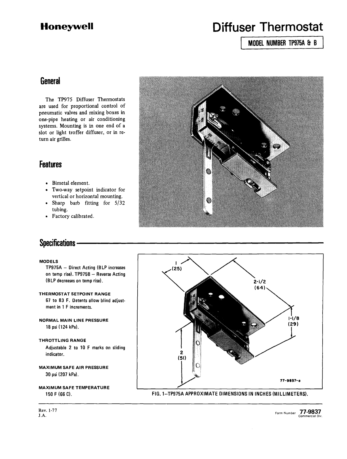 Honeywell TP975A, TP975B Data Sheet