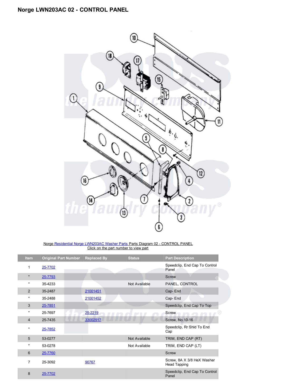 Norge LWN203AC Parts Diagram