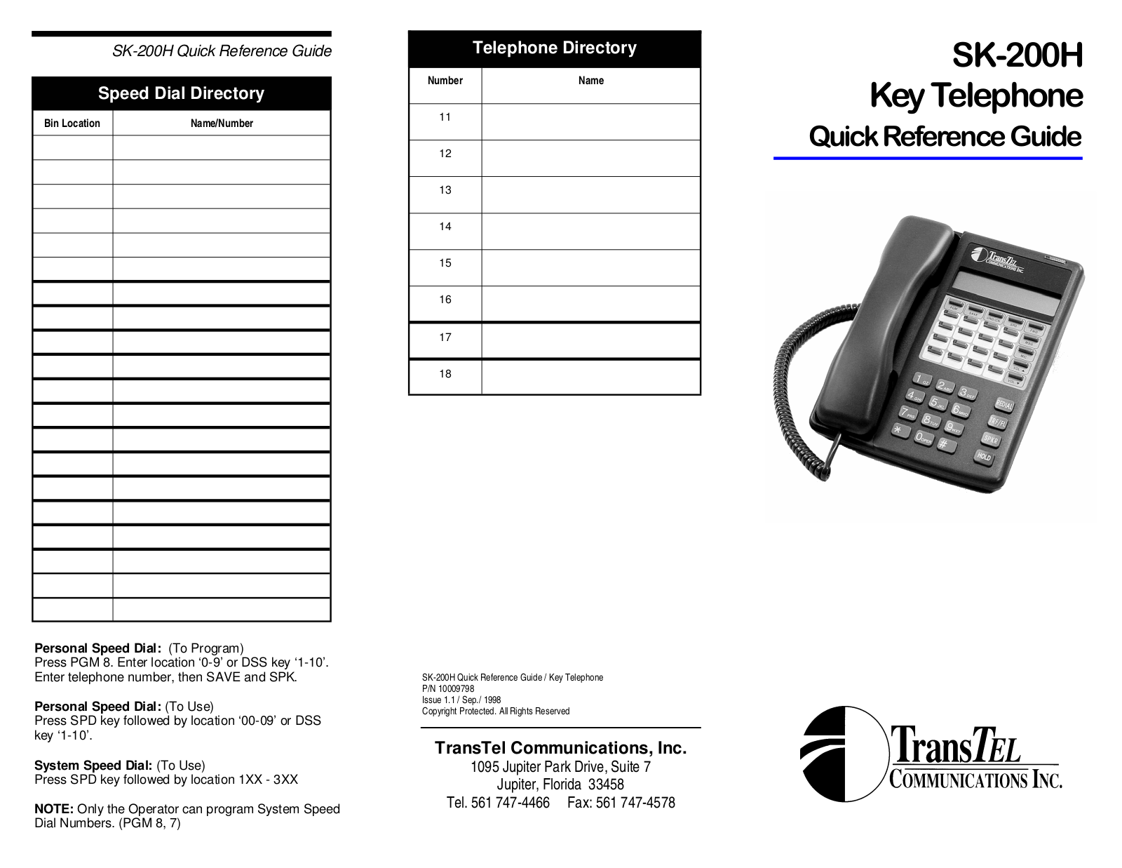 TransTel Communications SK-200H , SK-408 Quick Reference Manual