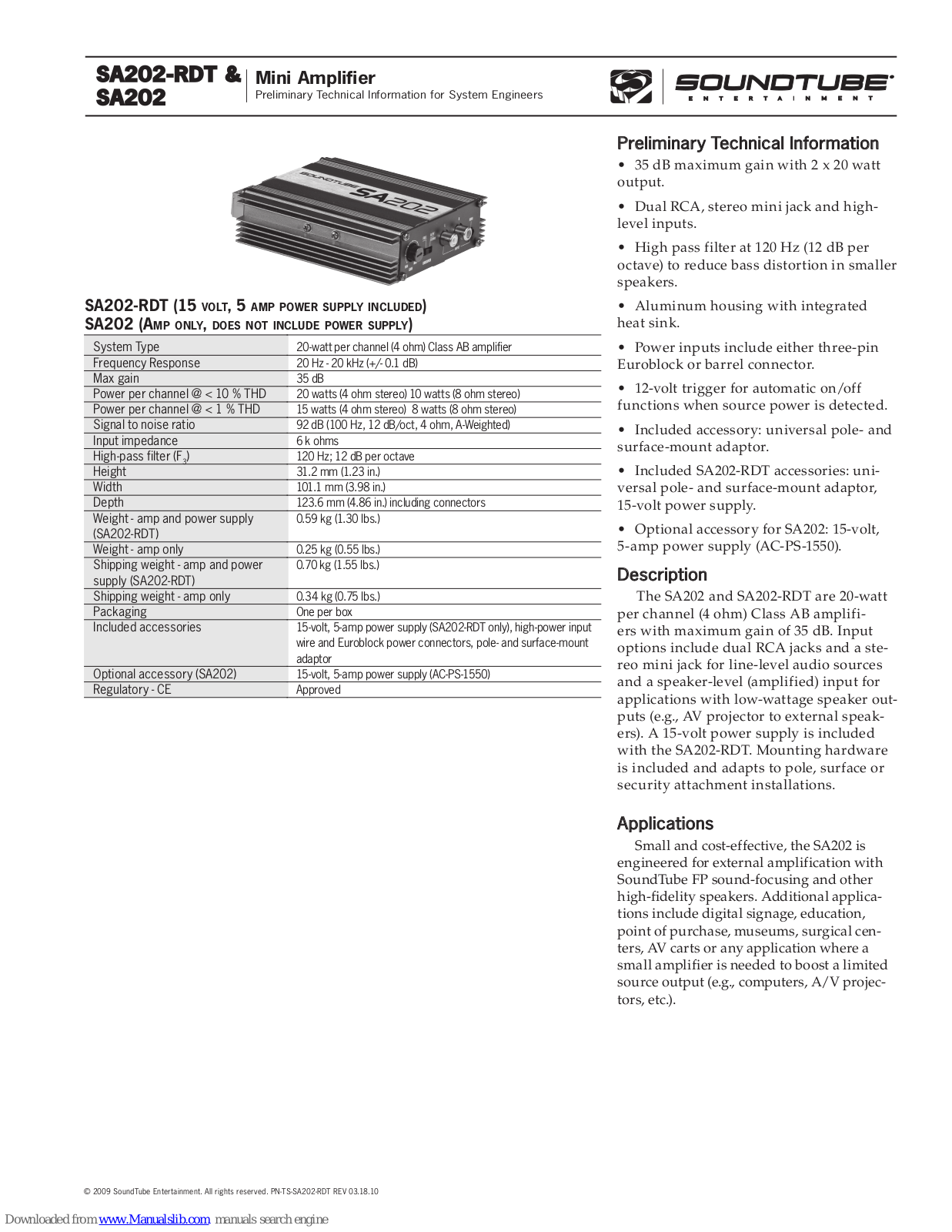 SoundTube SA202-RDT, SA202 Technical Information