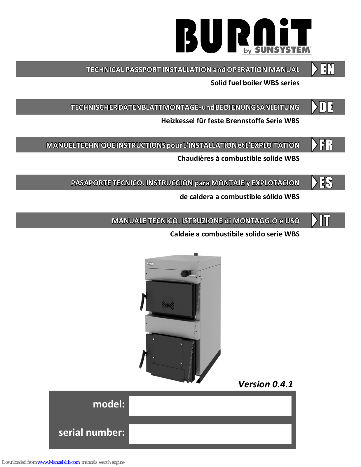 BURNiT WBS series, WBS 40, WBS 30, WBS 70, WBS 50 Technical Passport, Installation And Operation Manual - ManualMachine.com