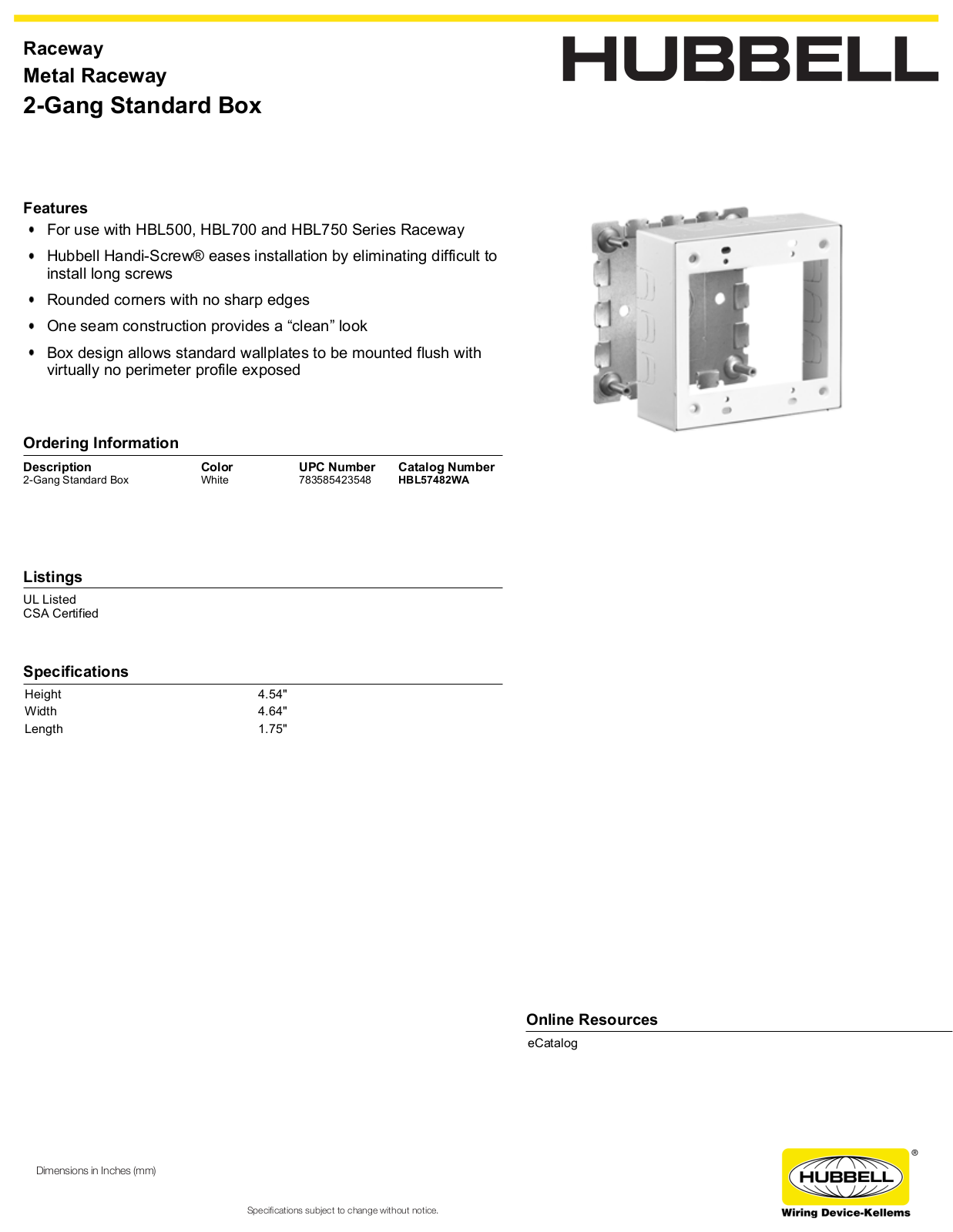 Hubbell HBL57482WA Specifications