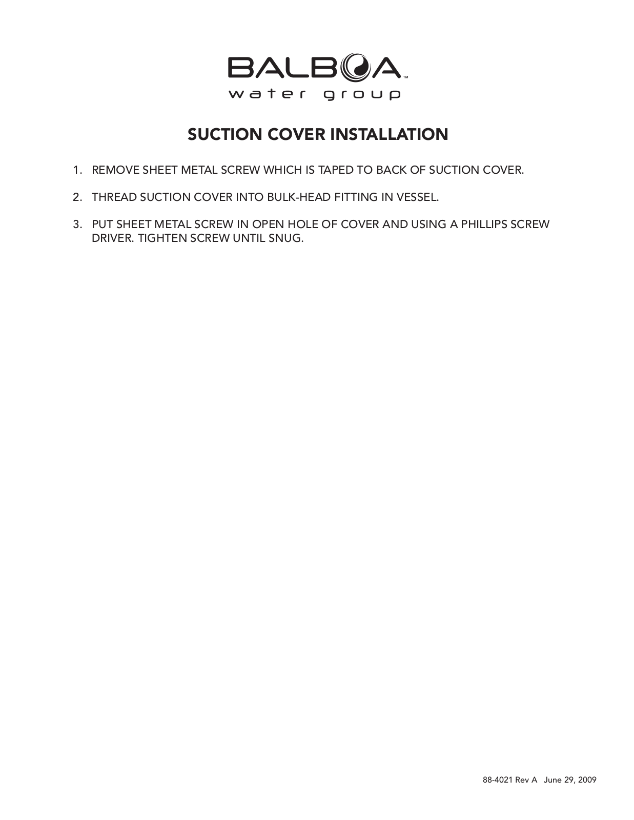 Balboa Water Group Suction Cover User Manual