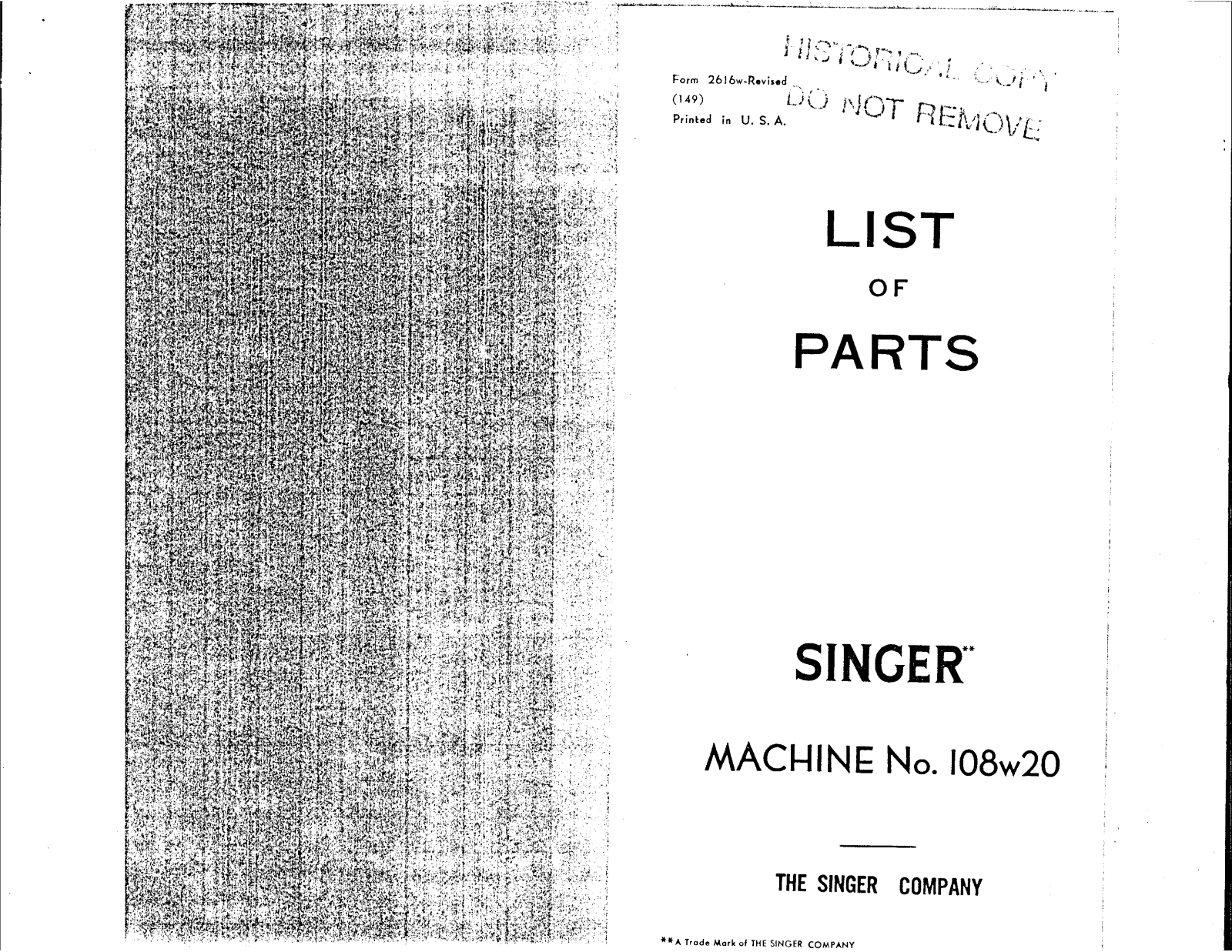 SINGER 108W20 Parts List