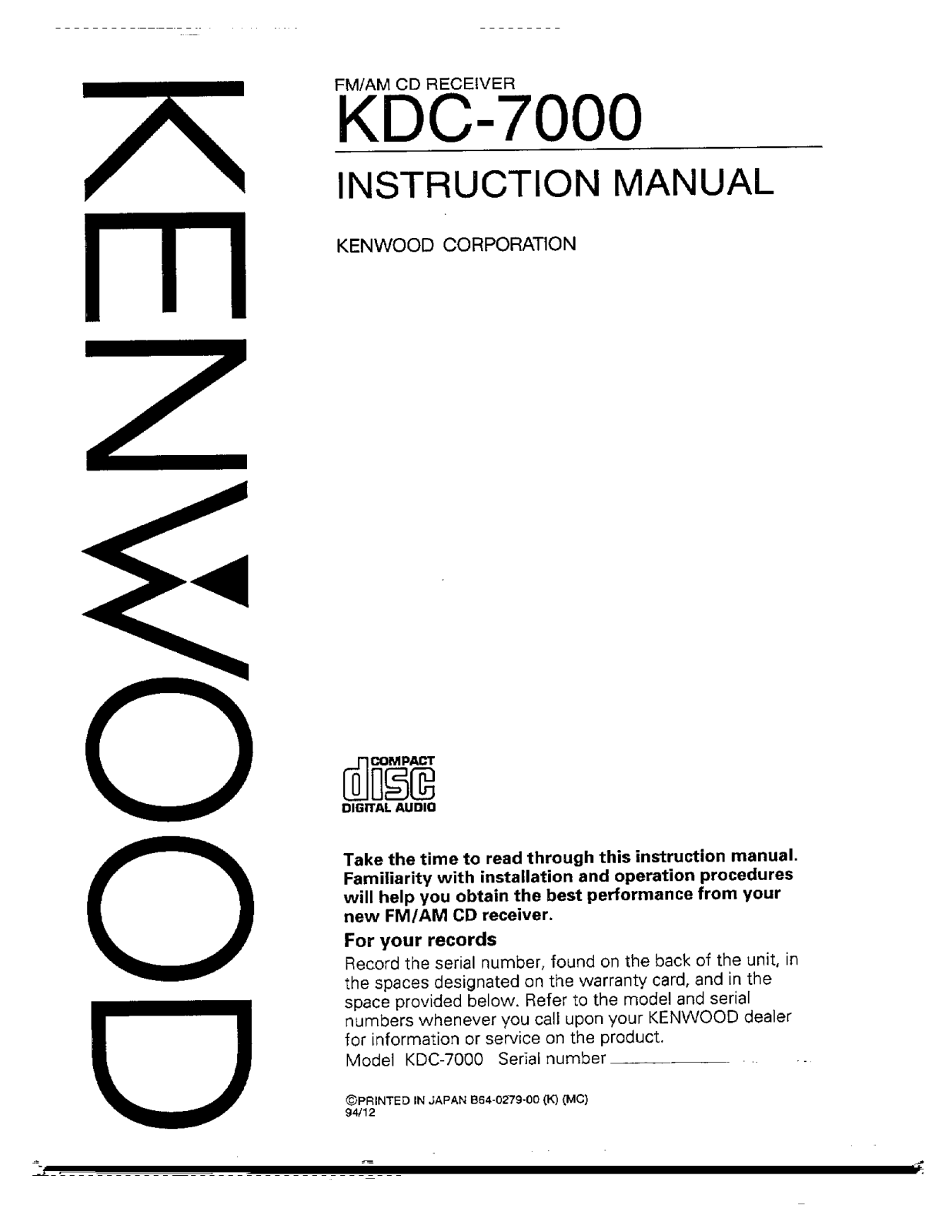 Kenwood KDC-7000 Owner's Manual