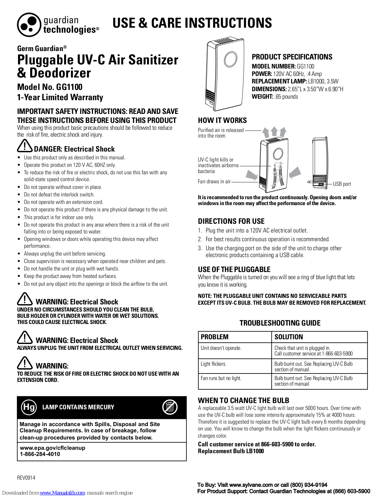 Guardian GG1100, Germ Guardian GG1100W Use & Care Instructions Manual