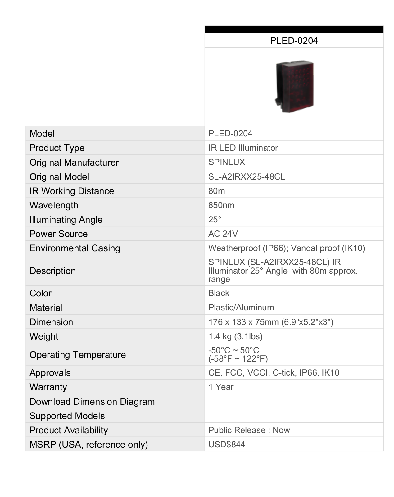 ACTi PLED-0204 Specsheet