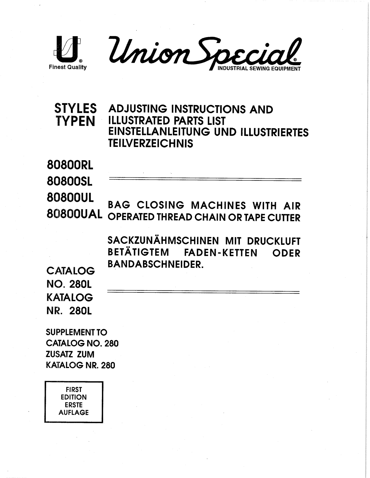 Union Special 80800RL, 80800SL, 80800UAL, 80800UL Parts List