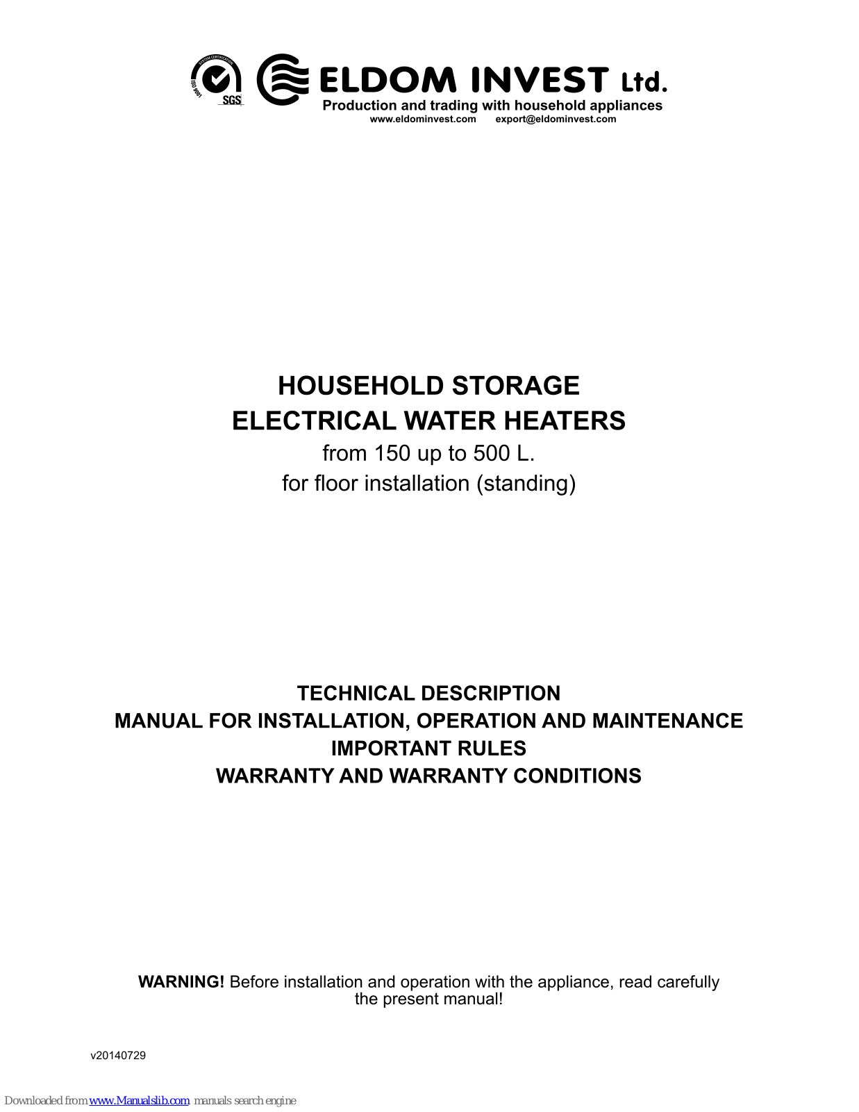 Eldom Invest 72280FWS, 72280FWS2, 72280FWSP, 72280FWP, 72280FWS2P Installation, Operation & Maintenance Manual