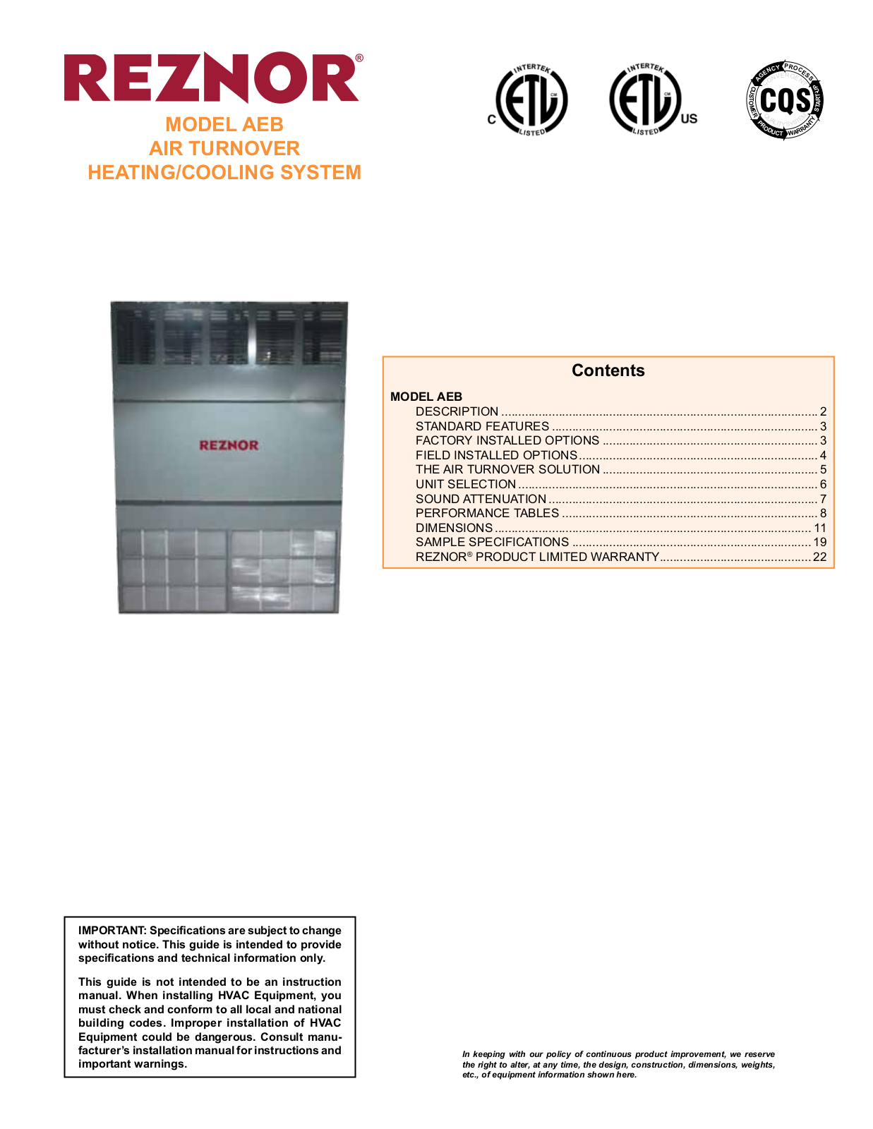 Reznor AEB124 User Manual